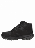 Botín outdoor de cuero negro, resistente al agua, diseñado para aventuras urbanas.