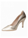 Zapato de vestir dorado para mujer en cuero con taco aguja de 7.8 cm y punta puntiaguda.