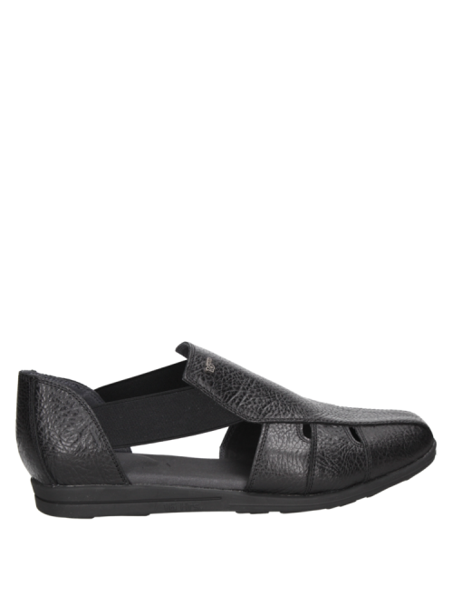 Sandalia negra de cuero para mujer, estilo casual, taco plano y punta redonda.