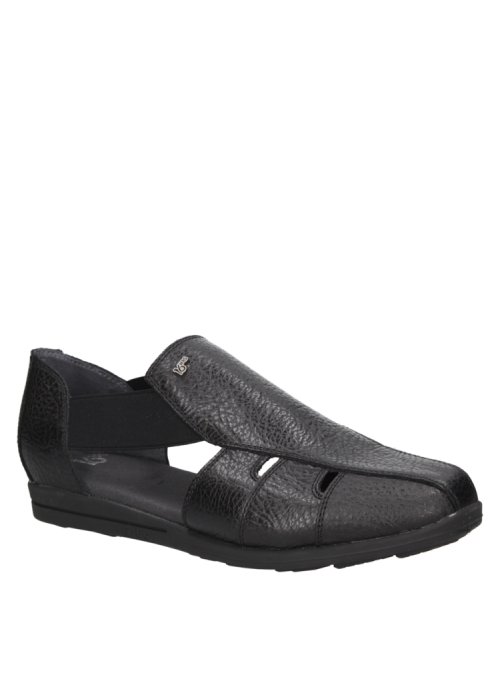 Sandalia negra de cuero para mujer, estilo casual, taco plano y punta redonda.