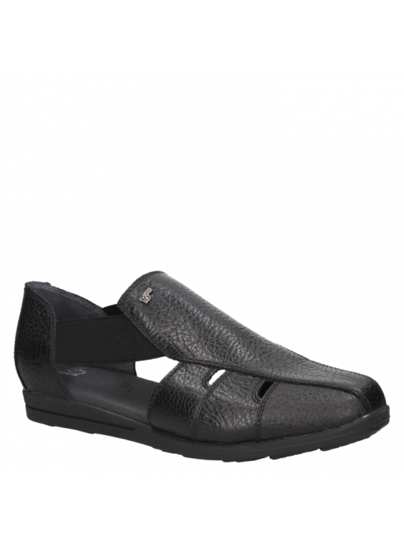 Sandalia negra de cuero para mujer, estilo casual, taco plano y punta redonda.