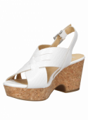 Sandalia blanca de cuero para mujer con taco bloque de 7.5 cm y punta abierta, estilo informal.