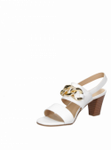 Sandalia blanca de cuero para mujer, estilo casual, con taco bloque de 6.5 cm y punta abierta.