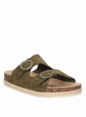 Sandalia verde femenina de cuero, estilo casual con taco plano, ideal para uso diario.