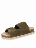 Sandalia verde de cuero para mujer, estilo casual con taco plano, ideal para el verano.