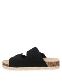 Sandalia de cuero negro, estilo casual femenino, adecuada para parque o playa.