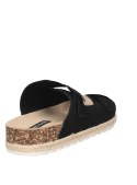 Cómoda sandalia de cuero negro, diseño casual para mujer con taco plano.