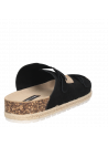 Cómoda sandalia de cuero negro, diseño casual para mujer con taco plano.