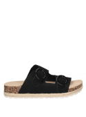 Sandalia femenina en cuero negro, estilo casual, perfecta para ocasiones especiales.