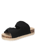 Sandalia de cuero negro para mujer, diseño casual con taco plano y punta abierta.