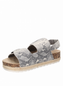 Sandalia gris de cuero para mujer, estilo casual con taco plano de 3.6 cm y punta abierta.