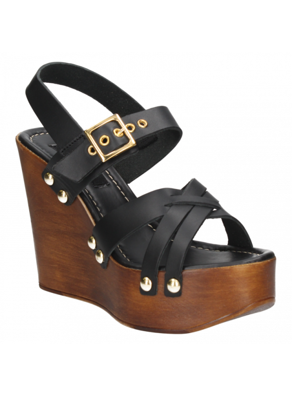 Sandalia negra de cuero, estilo informal, con taco cuña y punta abierta, ideal para ocasiones especiales.