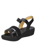 Sandalia negra de cuero para mujer, estilo casual, con taco plano que ofrece ligereza.
