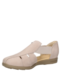 Calzado casual de cuero beige para mujer, sandalia cómoda y ligera.