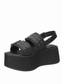 Sandalia negra de cuero para mujer, estilo informal, con taco plano de 7 cm y punta abierta.