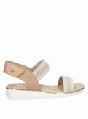 Sandalia de mujer beige en cuero premium, plantilla cómoda, perfecta para días calurosos.