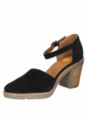 Sandalia negra de cuero para mujer con taco bloque de 7.9 cm y punta redonda, ideal para uso casual.