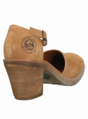 Sandalia camel de cuero, punta redonda y forro de pu, cómoda y resistente para la playa.