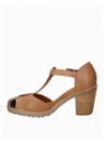 Sandalia de cuero camel para mujer, estilo casual y retro, con tacón alto y abertura delantera para los dedos.