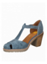 Sandalia azul de mujer en cuero con tacón alto y grueso, ideal para un look casual y retro, mostrando dedos al descubierto.