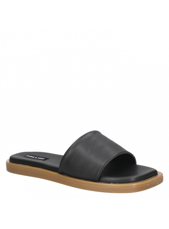 Sandalia femenina negra casual, material sintético con taco plano y diseño fresco.