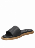 Sandalia negra casual de mujer con taco plano y punta abierta, diseño sintético elegante.