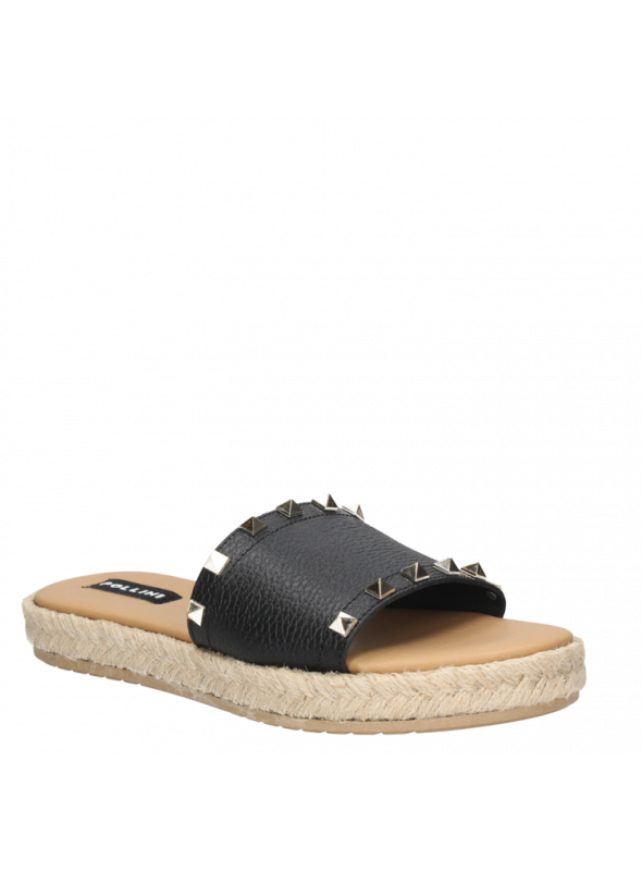 Sandalia de cuero negro, estilo casual para mujer, con taco plano, cómoda y fresca.