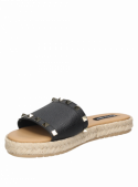 Sandalia de cuero negro para mujer, estilo casual, con punta abierta y taco plano de 3 cm.