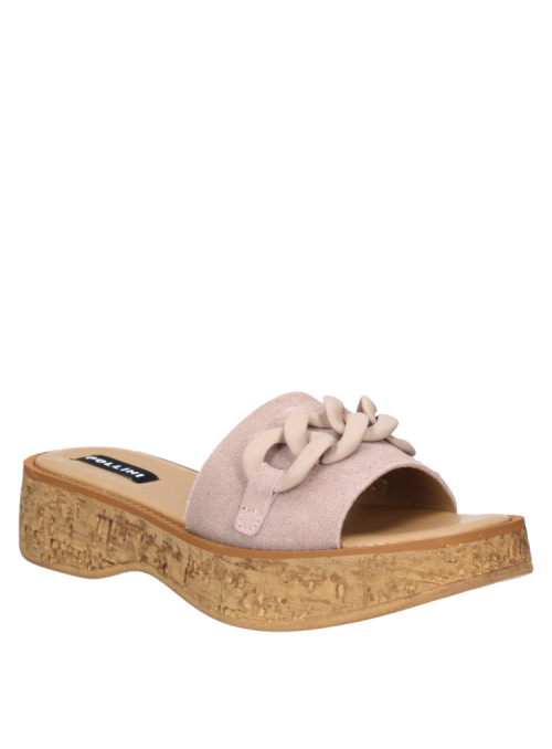 Calzado casual de cuero rosado para mujer, con plataforma de corcho y diseño chic de cadena sobre la tira ancha.