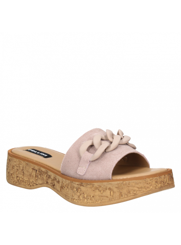 Sandalia casual negra de cuero para mujer, diseño moderno con plataforma y cadena grande, versátil para eventos informales.