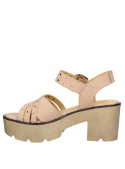 Sandalia de cuero beige, estilo casual para mujer, con diseño moderno y taco bloque de 8 cm.