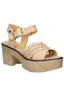 Sandalia beige de cuero para mujer, estilo casual con taco bloque de 8 cm y punta abierta.