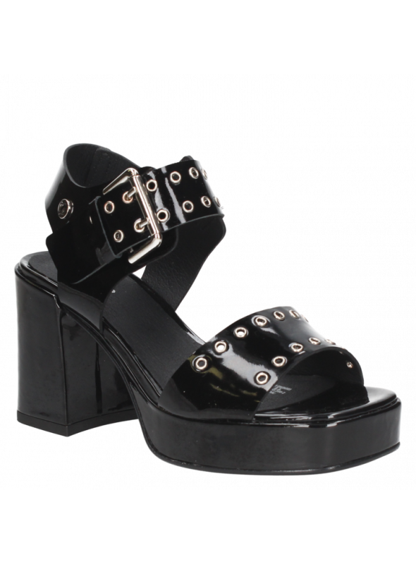 Sandalia de cuero negro para mujer, estilo informal, con taco de 9.5 cm y punta abierta.