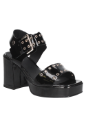 Sandalia de cuero negro para mujer, estilo informal, con taco de 9.5 cm y punta abierta.