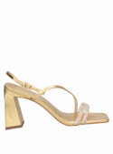 Sandalia de cuero dorado para mujer, estilo vestir con taco bloque, combina elegancia y comodidad.