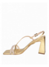 Sandalia de cuero dorado para mujer, diseño sofisticado con taco bloque, ideal para ocasiones formales.