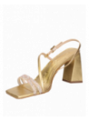 Sandalia dorada de vestir para mujer en cuero, con taco bloque de 9.5 cm y punta abierta elegante.