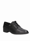 Zapato oxford negro de cuero para mujer, sofisticado y moderno, con adorno sutil, perfecto para ocasiones semi-formales.