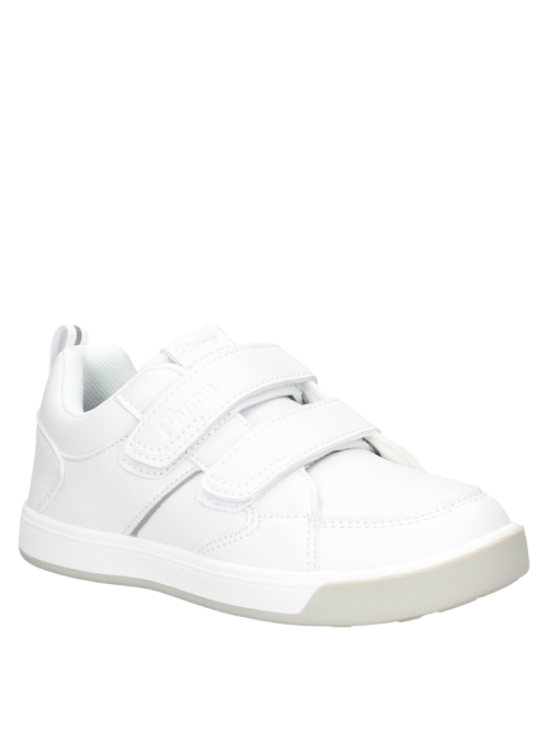 Zapatilla colegial blanca para niño, material sintético y textil, cierre de velcro, ideal para actividades cotidianas.