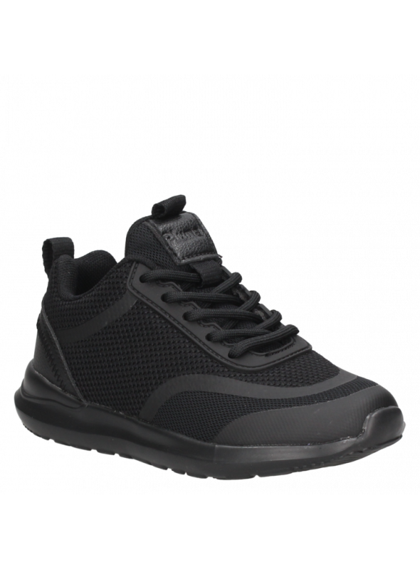 zapatilla negra colegial infantil, con diseño estilizado y elementos discretos, adecuada para un estilo de vida activo.