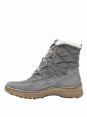 Botín gris con suela gruesa antideslizante, perfecto para estabilidad en superficies resbaladizas.