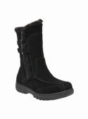 Bota negra de cuero gamuzado para mujer, estilo casual, con caña alta y costuras visibles, ideal para un look urbano.