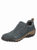Zapatilla gris de cuero para mujer, estilo casual slip-on sin cordones, ideal para ocasiones informales.