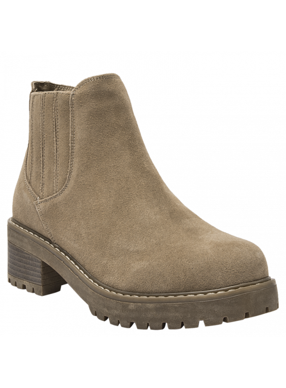 Calzado chelsea taupe para mujer, cuero gamuzado, diseño informal con suela de goma, perfecto para paseos largos.