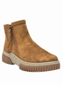 Botín casual camel para mujer, fabricado en cuero gamuzado, con suela gruesa y texturizada para mayor tracción.