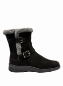 Bota de mujer negra casual de cuero gamuzado con correas ajustables y hebillas metálicas, ideal para clima frío.