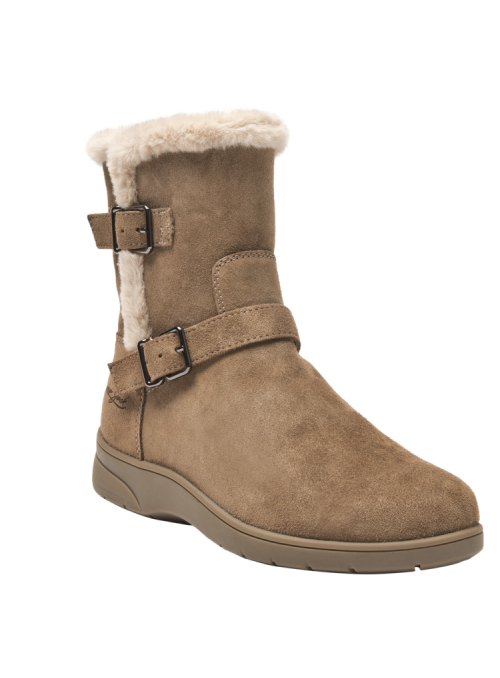 Bota de cuero gamuzado café con borde afelpado para mayor confort y calidez, perfecta para actividades al aire libre.