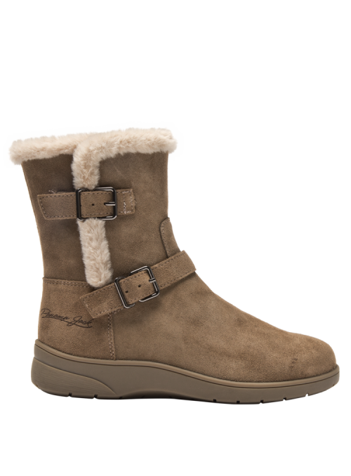 Bota de cuero gamuzado café con borde afelpado para mayor confort y calidez, perfecta para actividades al aire libre.