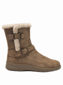 Bota casual de cuero gamuzado café para mujer, con correas y hebillas, ideal para clima frío.