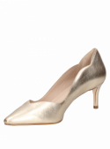 Zapato de salón dorado de cuero para mujer, con puntera puntiaguda y taco delgado, ideal para eventos formales y elegantes.
